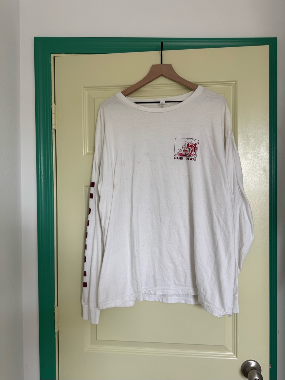 White Long-Sleeve Graphic Tee with Maroon Sleeve